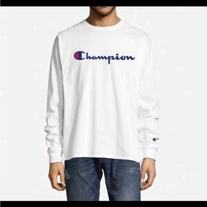 Champion White Long Sleeve Tee with Navy & Red Logo